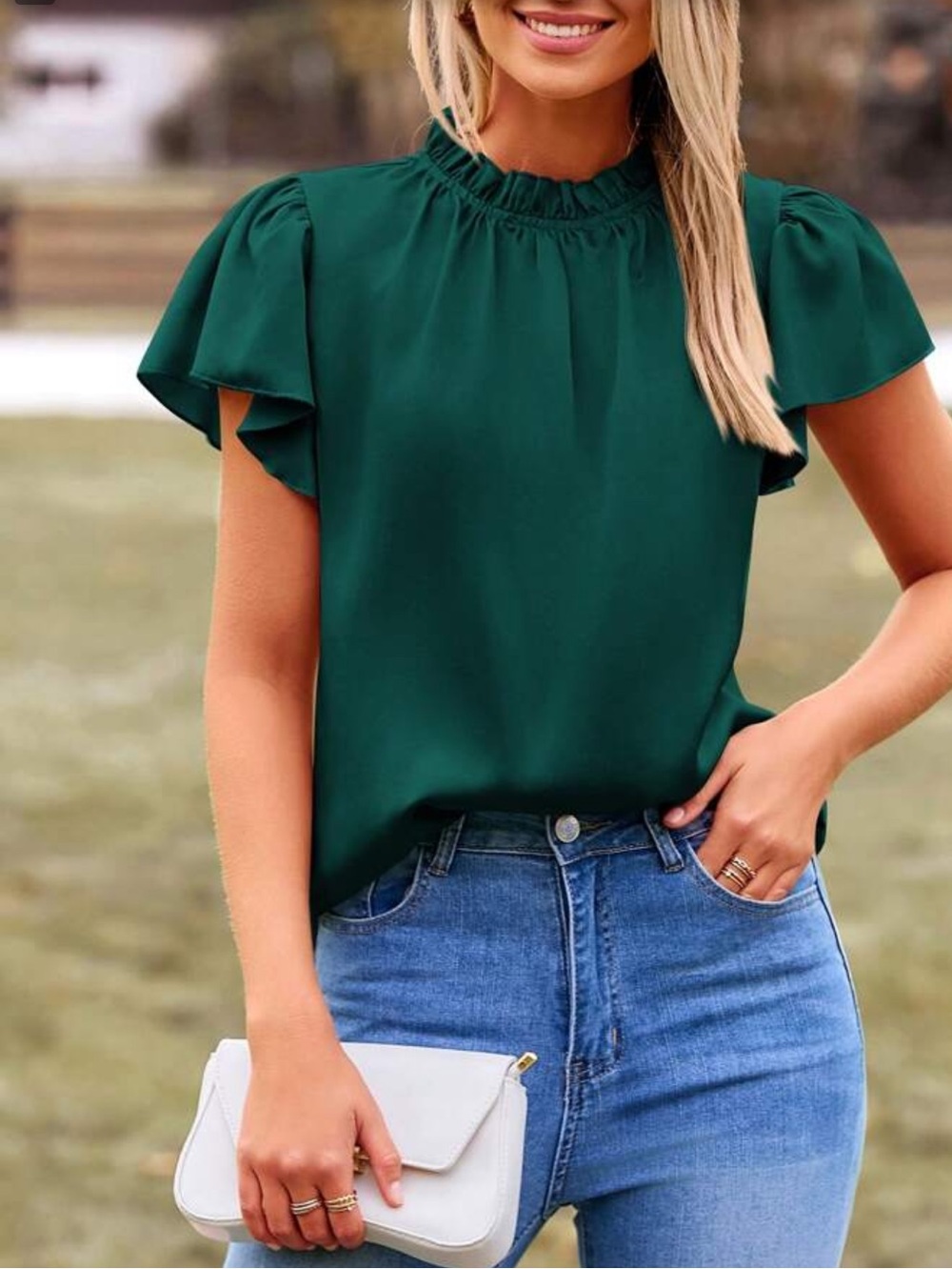 Dark Green Ruffle Hem Blouse